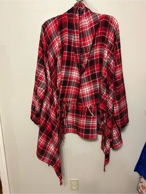 Red Plaid Fringe Shawl Wrap Western Style Festival
